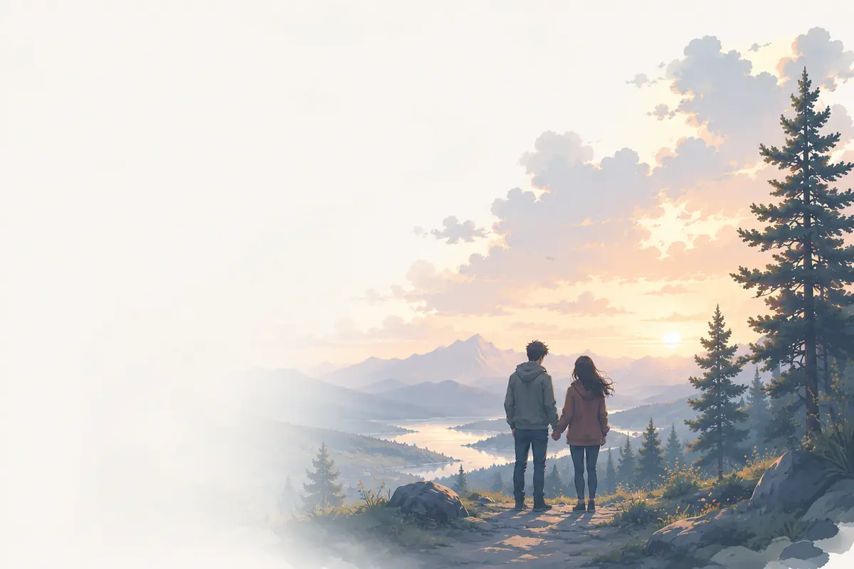 A couple looking out over mountains at sunset